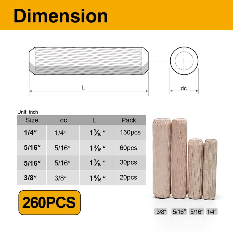 Mrosnail 260 Pcs Wooden Dowel Pins in 4 Sizes, 1/4, 5/16, 3/8 inch Fluted Wood Dowels Hardwood Pegs for Table Legs, Wooden Frames, Bookshelves - Image 2